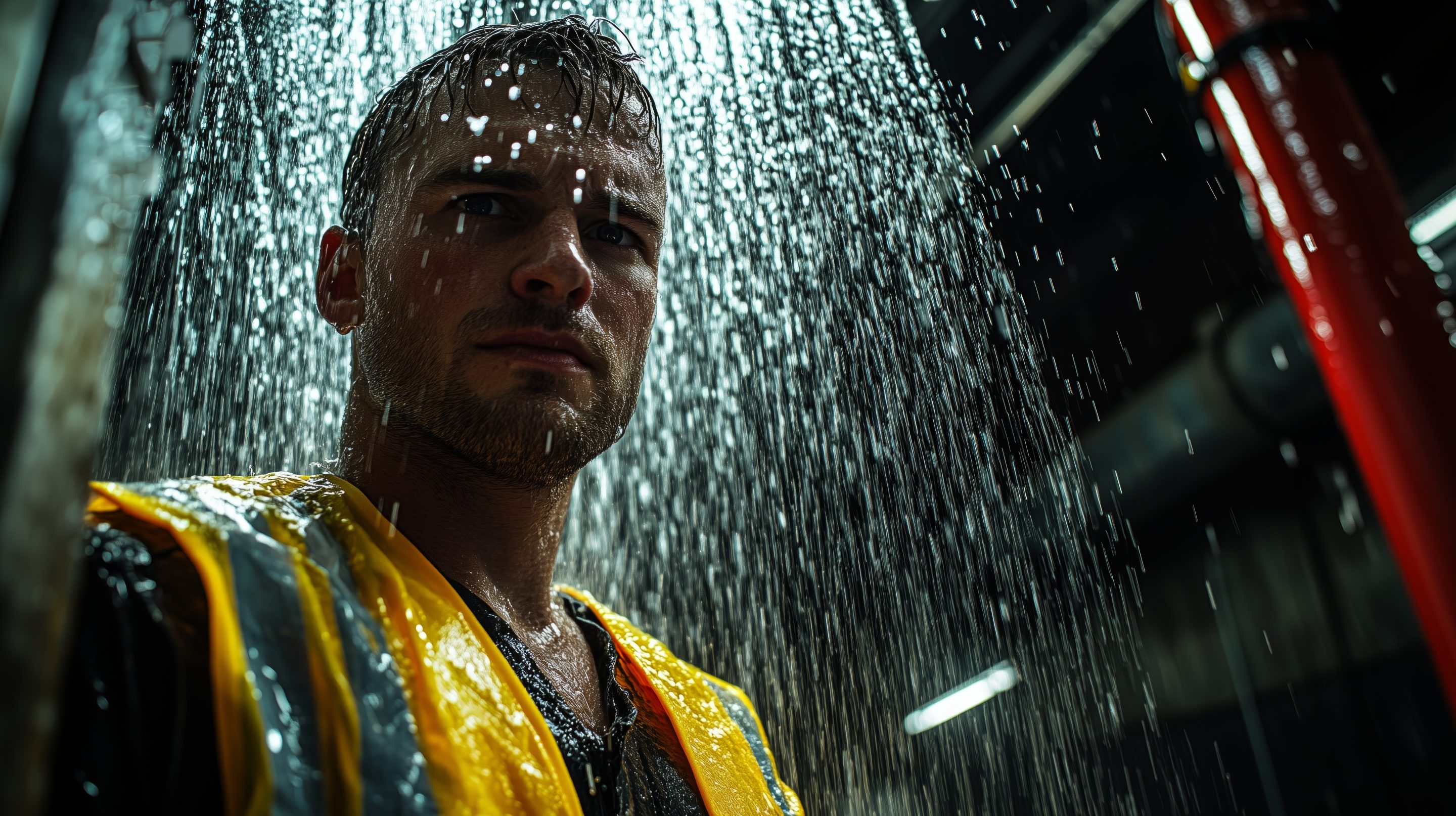 A determined worker stands under heavy rain, wearing a safety vest in an industrial setting.